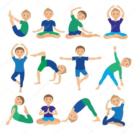 Kids Yoga Poses Vector Illustration Child Doing Exercises Posture For