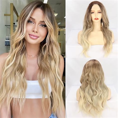 Ymsagrs Long Wavy Wigs For Women 26 Inch Ombre Blonde Middle Part Lace Front Wigs