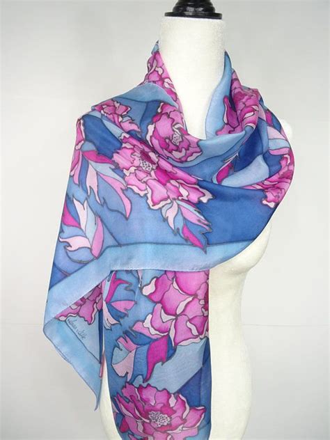 Blue Silk Scarf Hand Painted Pink And Blue Peonies Silk Etsy Blue