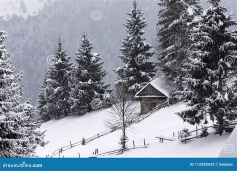 Wooden Barn On Romanian Mountains At Winter Stock Photo Image Of