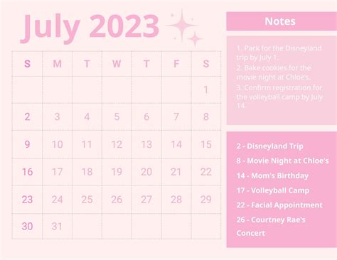 Pink July 2023 Calendar In Illustrator Word Excel Svg  Eps