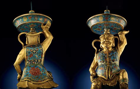 A Very Rare Pair Of Cloisonne Enamel And Gilt Bronze Foreigner Pricket Candle Holders Kangxi