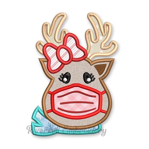 reindeer girl with a face mask and bow applique christmas etsy