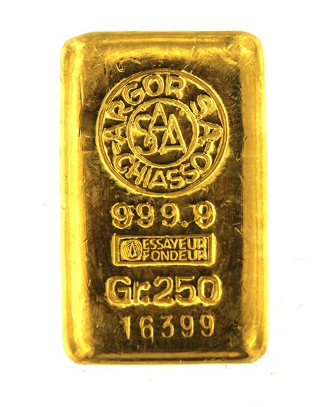 Argor Sa Chiasso 250 Grams Cast 24 Carat Gold Bullion Bar 9999 Pure Gold