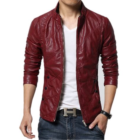 Buy Autumn Winter Faux Leather Jacket Men Red Slim Fit