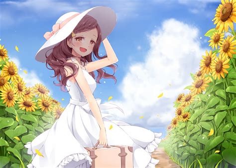 Download 1406x1000 Anime Girl Summer Sunflowers Field