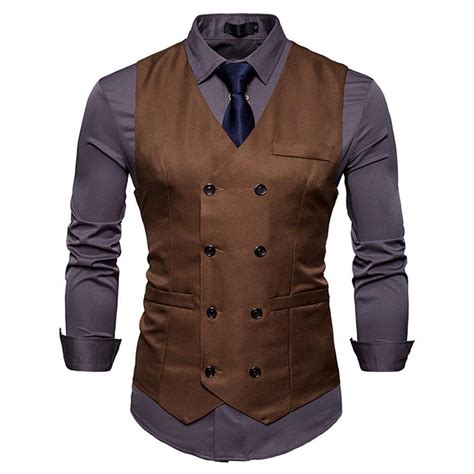 Mens Vintage Slim Fit Solid Color Double Breasted Suit Vest V Neck