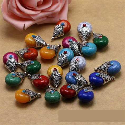 Tibetan Silver Charms Water Drop Beads Natural Stone Pendants For