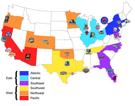 Map Of All The Nba Teams Organised By Conference And Geographical