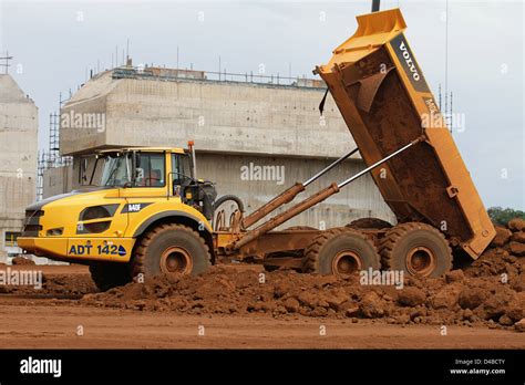 Volvo A40f Articulated Dump Truck In Action Tipping Earth On The