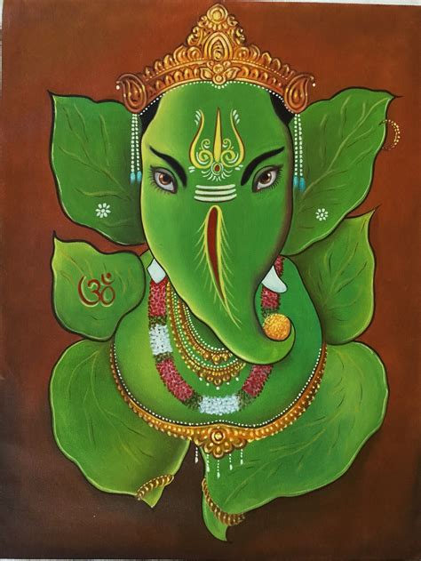 Leaf Ganesh Painting Handmade Oil On Canvas Indian God Ganesha Hindu