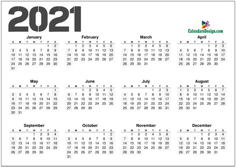 12 Month Calendar 2021 One Page Printable