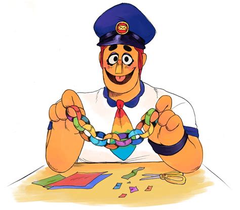 A Cartoon Man Wearing A Police Uniform And Holding A Chain Around His Neck While Sitting At A Table
