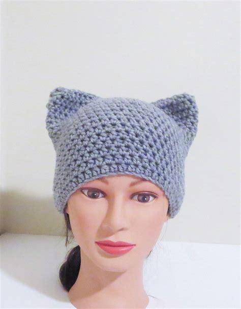 Soft Light Grey Gray Cat Hat Crochet Cat Beanie Animal Beanie Hat