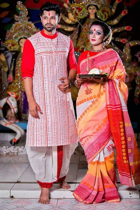 Dhoti And Cotton Saree Style Saree Styles Matching Couple Outfits Bengali Bridal Makeup