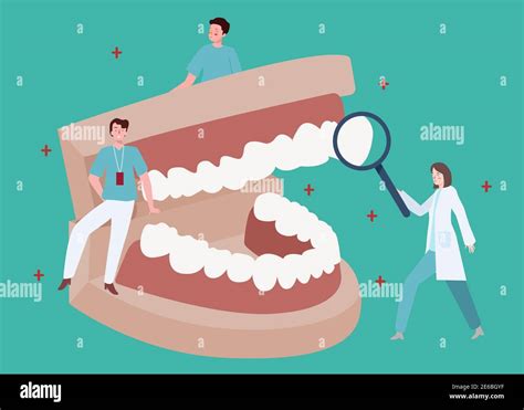 men sitting on big teeth dentist magnifier with flat cartoon style stock vector image and art alamy