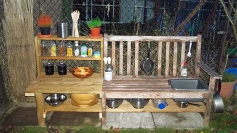In 11 easy breezy colors. Mud Kitchen - made from an old bench and left over decking ...