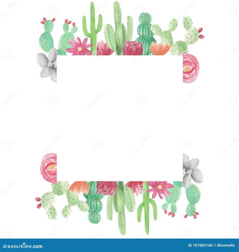 Watercolor Square Cactus Cacti Succulents Green Frame Wedding Spring