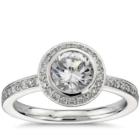 Bezel Set Halo Pavé Diamond Engagement Ring In Platinum 12 Ct Tw