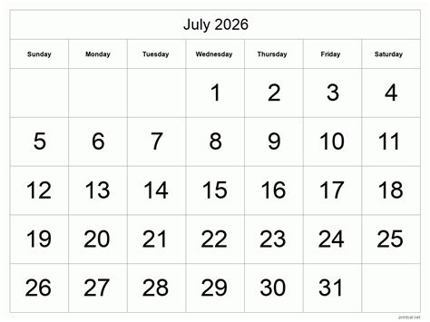 Printable July 2026 Calendar Free Printable Calendars