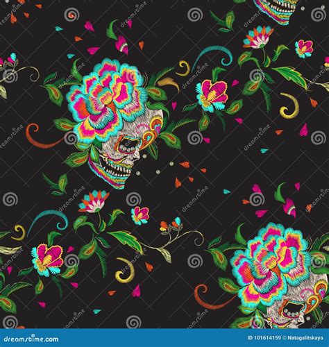 Embroidery Floral Seamless Pattern With Skull And Roses Stock Vector