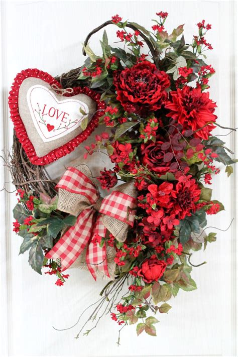Country Valentine Front Door Wreath Primitive Heart Red Flowers