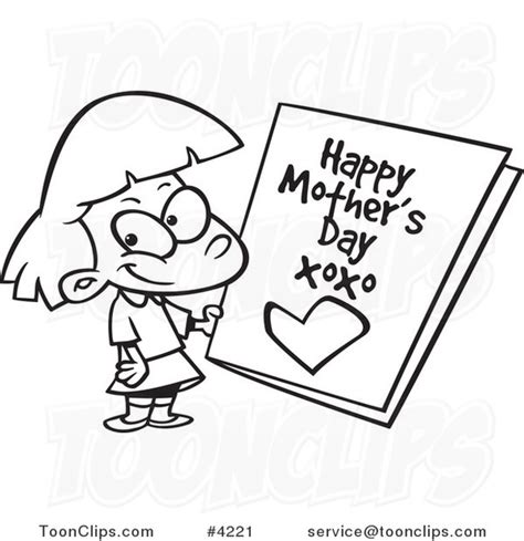 Cartoon Black And White Line Drawing Of A Girl Holding A Mothers Day