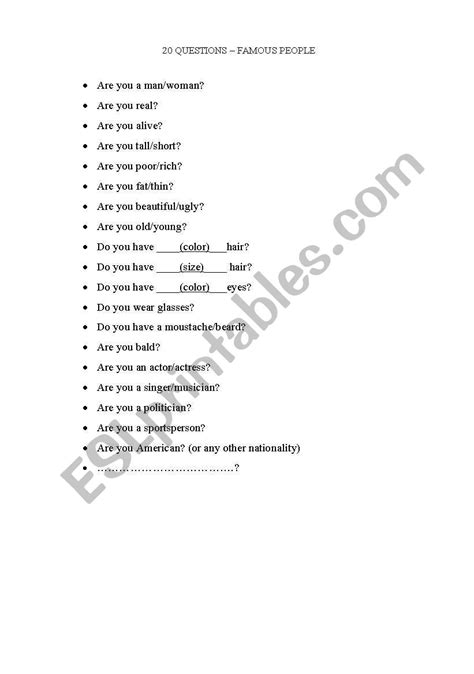 English Worksheets 20 Questions