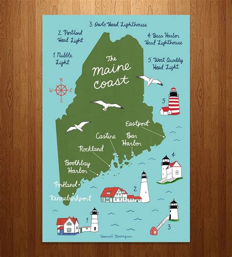 Maine Coastal Map Art Print Go East And Meander Through Maine By Way