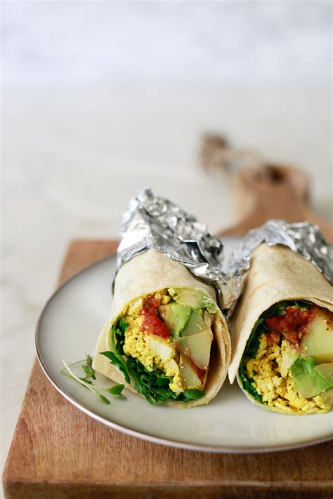 vegan breakfast burrito with tofu scramble and avocado