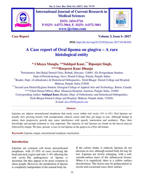 Pdf A Case Report Of Oral Lipoma On Gingiva A Rare Histological Entity