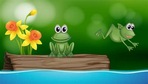 Two Green Frogs At The Pond Scene 368130 Vector Art At Vecteezy