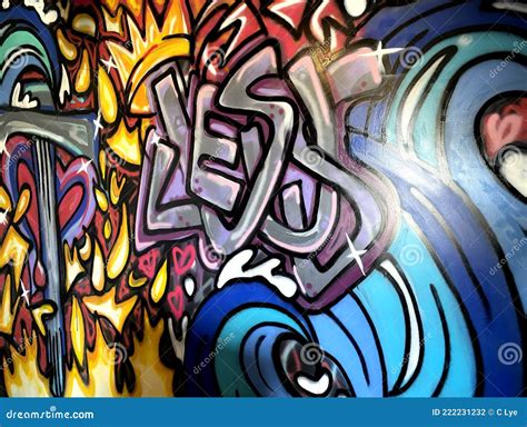 Jesus Graffiti Street Art With Flames Cross And Waves Editorial