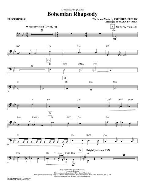 Free transcriptions we have an ever growing archive of free and accurate transcriptions put together through hard work, gratitude, and love for music. Bohemian Rhapsody (arr. Mark Brymer) - Electric Bass Sheet Music | Queen | Choir Instrumental Pak