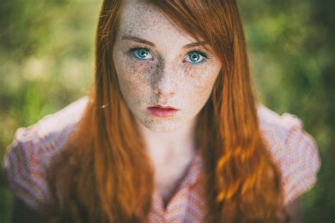 blue eyes bokeh face freckles girl model redhead woman wallpaper resolution 2048x1367 id