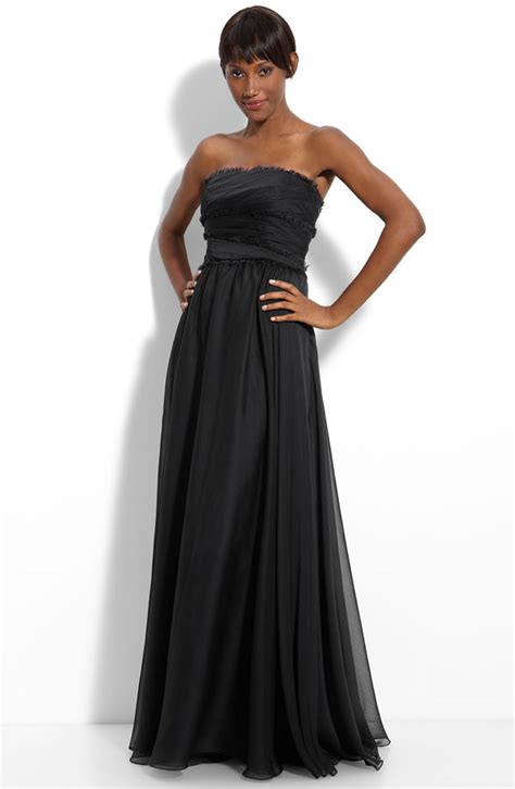 Black A Line Strapless Zipper Floor Length Chiffon Prom Dresses With