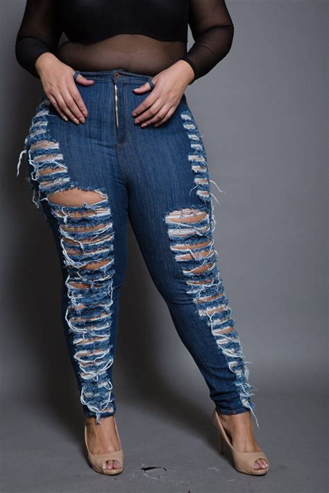 Plus Size Sliced Ripped All The Way Jeans Destroyed Skinny Jeans