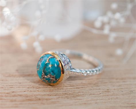 Copper Turquoise Ring Sterling Silver Thin Solitaire Etsy