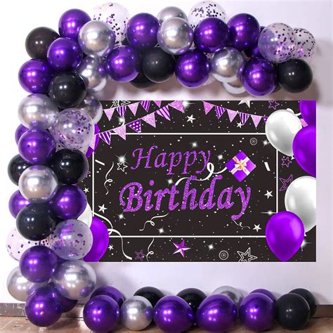 Black Purple Birthday Decorations, Happy Birthday Backdrop For Women