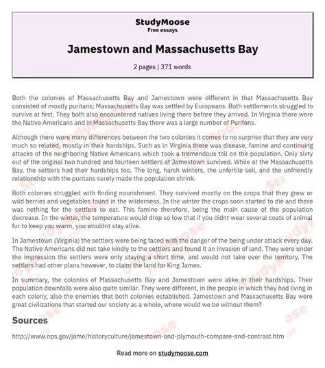Jamestown And Massachusetts Bay Free Comparison Essay Example