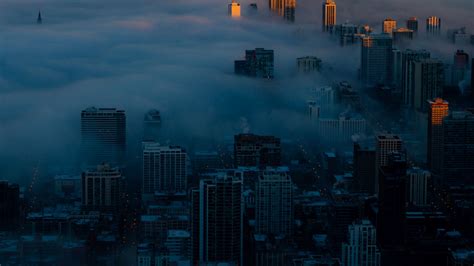Download Wallpaper 1920x1080 Night City Clouds Aerial View Fog Skyscrapers Full Hd Hdtv