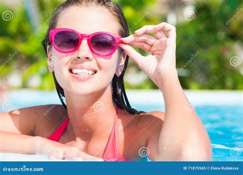 Beautiful Woman In Sunglasses In The Pool Stock Image Image Of Fresh