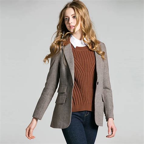 Blazers Women 50 Wool Plaid Classic Design Elbow Patch Pockets Single Button Ladies Coat