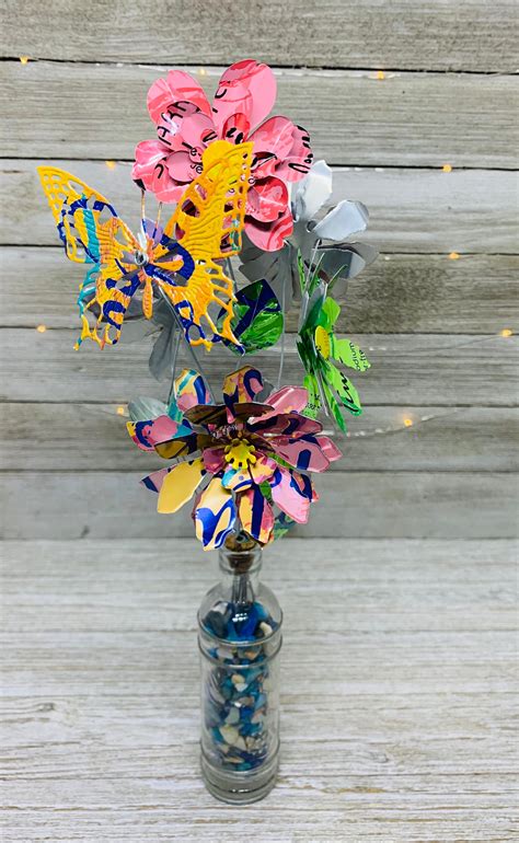 Artificial Floral Bouquet And Butterfly Made From Recycled Cans Etsy