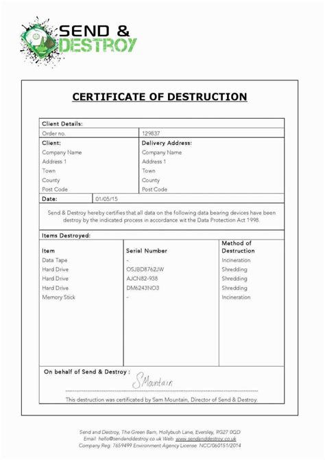 Certificate Of Destruction Template Resume Letter For Destruction