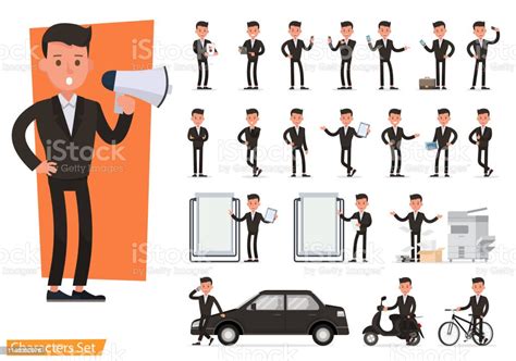 Set Of Businessman Working And Showing Different Gestures Character