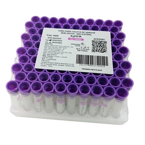 Tubo Coleta Sem Vácuo Roxo EDTA K3 4ml Plástico 100 Unidades Shopee