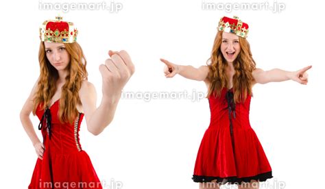 Redhead Pretty Girl With Crown Pressing Virtual Buttons Isolated On