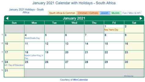 Print Friendly January 2021 South Africa Calendar For Printing
