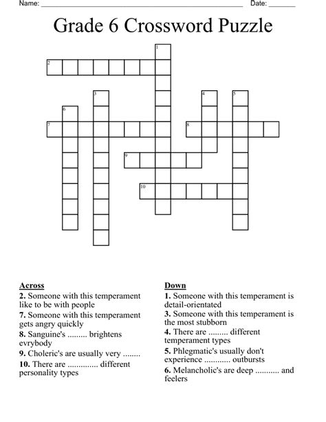 Printable Crossword Puzzle Grade 6